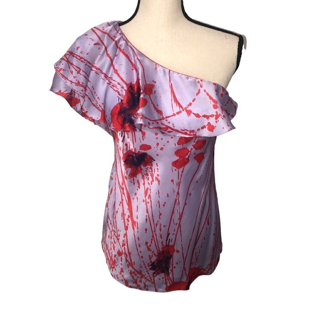 Elie Tahari Top Size S Silk One Shoulder Purple Red Floral Abstract Ruffle